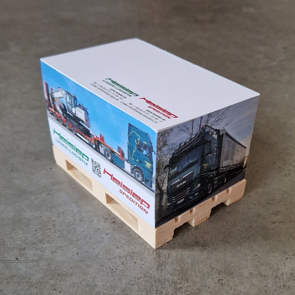 Werbemittel Notizzettel auf Palette für Spedition Heisiep